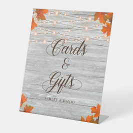 Rustieke houten val bladeren & lichten Kaarten & g Reclamebord Met Voetstuk