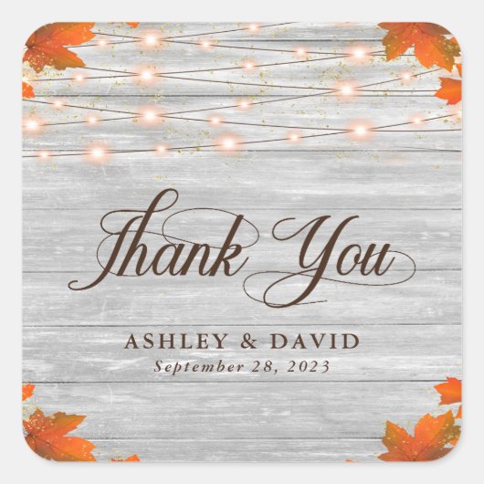 Rustieke houten val laat lichten dank u bruiloft vierkante sticker (Voorkant)