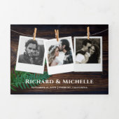 Rustieke Houten Varen Groen String Lights Bruiloft Drieluik Uitnodiging (Cover)