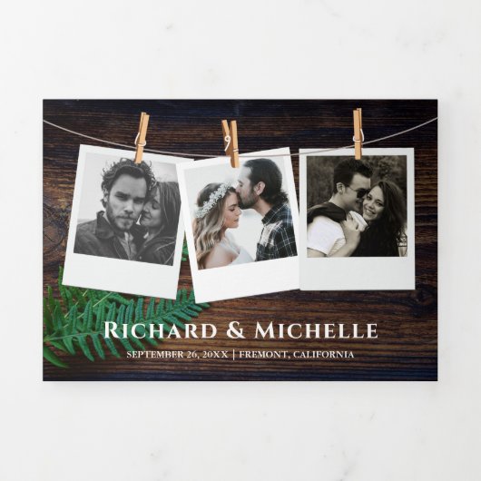 Rustieke Houten Varen Groen String Lights Bruiloft Drieluik Uitnodiging (Cover)