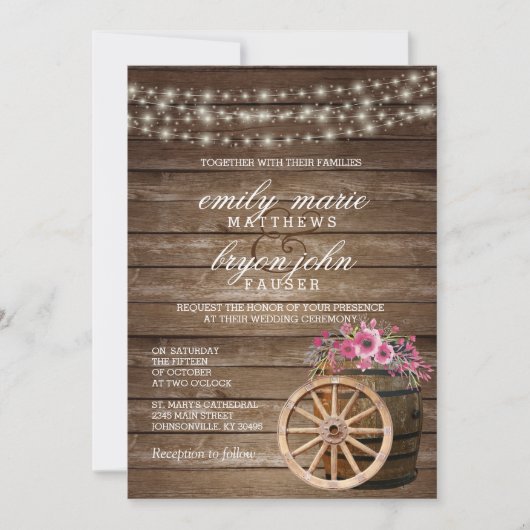 Rustieke houten vat bruiloft met roze bloemen kaart (Voorkant)