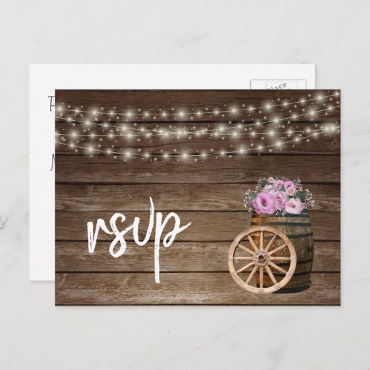 Rustieke houten vat en roze bloemenkool - RSVP Uitnodiging Briefkaart (Voorkant / Achterkant)