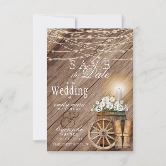 Rustieke houten vat- en strijklichten save the date (Voorkant)