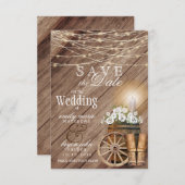 Rustieke houten vat- en strijklichten save the date (Voorkant / Achterkant)