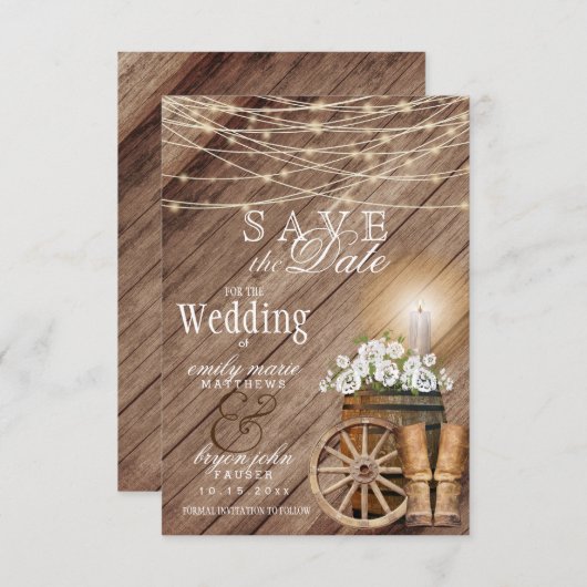 Rustieke houten vat- en strijklichten save the date (Voorkant / Achterkant)