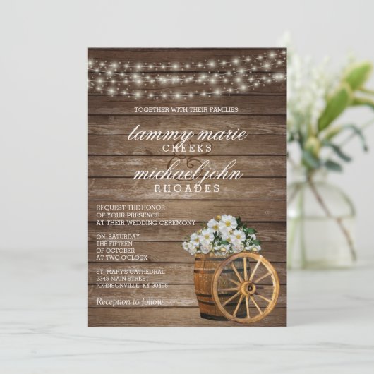 Rustieke houten vat en witte bloem kaart (Staand voorkant)