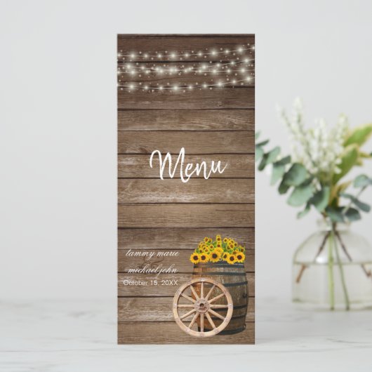 Rustieke houten vat en zonnebloem bruiloft - Menu (Staand voorkant)
