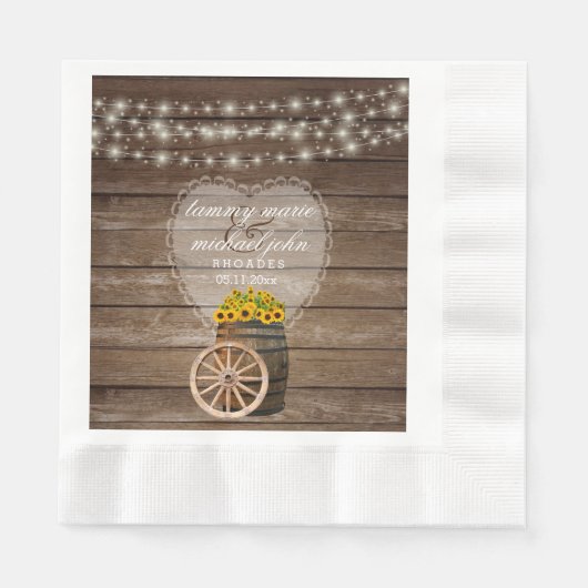 Rustieke houten vat-huwelijk met zonnebloemen servetten (Voorkant)