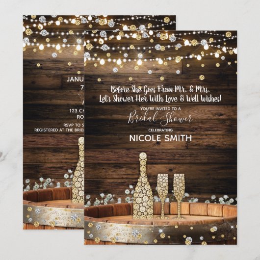 Rustieke Houten Vat Lichten Champagne Bruidsfeest Kaart (Voorkant / Achterkant)