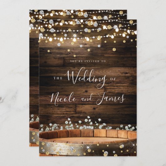Rustieke houten vat & Lichten Moderne Glam Bruilof Kaart (Voorkant / Achterkant)