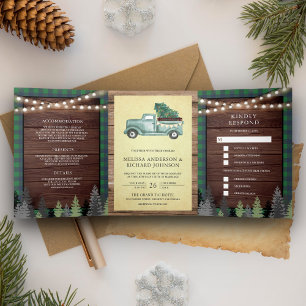 Rustieke Houten Vintage Groene Kersttruck Huwelijk Drieluik Uitnodiging