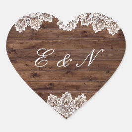 Rustieke houten vintage kanten trouwsticker hart sticker