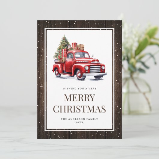 Rustieke houten waterverf rode vrachtwagen kerstbo feestdagenkaart (Staand voorkant)