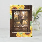 Rustieke Houten Waterverf Zonnebloem Foto Save The Date (Staand voorkant)