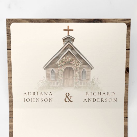 Rustieke houten Westerne kapel alles in één bruilo Drieluik Uitnodiging (Binnenzijde eerst)