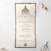 Rustieke houten Westerne kapel alles in één bruilo Drieluik Uitnodiging (Binnen)