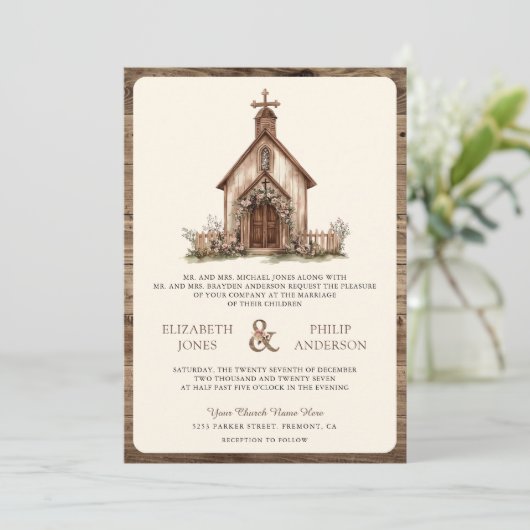 Rustieke houten Westerne kapel alles in één bruilo Kaart (Staand voorkant)