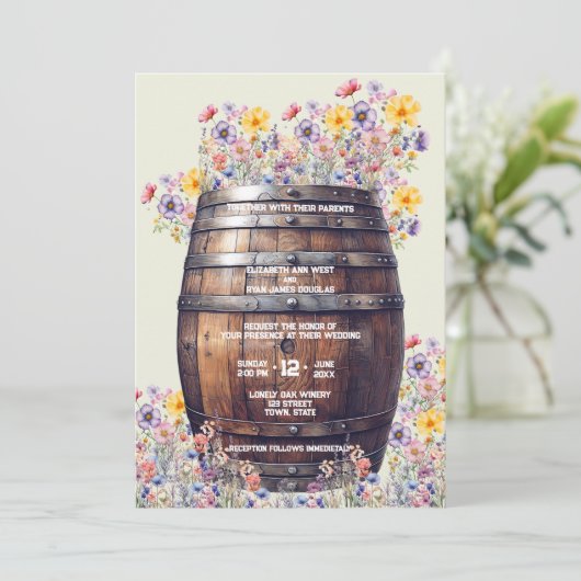 Rustieke houten whisky vat lente bloemen kaart (Staand voorkant)