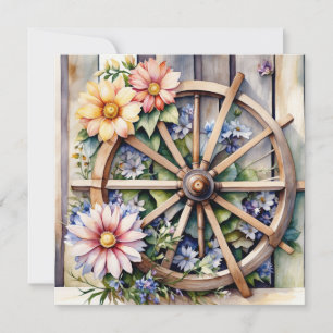 Rustieke Houten Wiel met Bloemen  Kaart