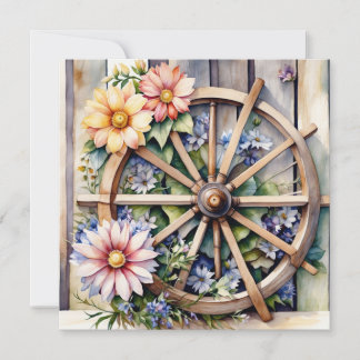 Rustieke Houten Wiel met Bloemen Kaart