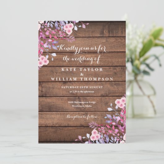 Rustieke Houten Wilde Bloemen Bloemige Bruiloft Kaart (Staand voorkant)