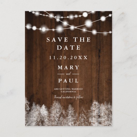 Rustieke houten winter string lampen opslaan van d aankondigingskaart (Voorkant)