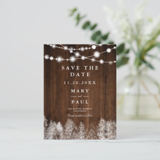 Rustieke houten winter string lampen opslaan van d aankondigingskaart (Staand voorkant)