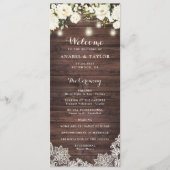 Rustieke houten witte bloem kant snoer licht bruil programmakaart (Voorkant)