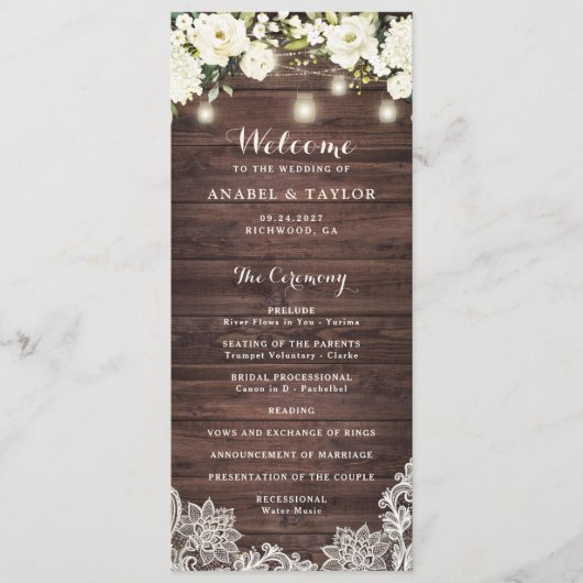 Rustieke houten witte bloem kant snoer licht bruil programmakaart (Voorkant)