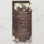 Rustieke houten witte bloem kant snoer licht bruil programmakaart (Voorkant / Achterkant)