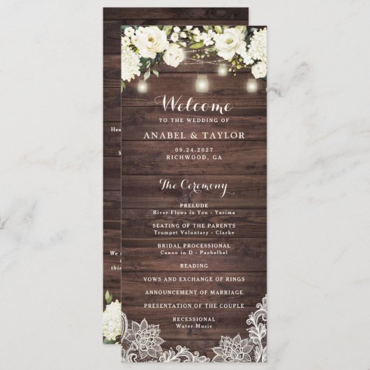 Rustieke houten witte bloem kant snoer licht bruil programmakaart (Voorkant / Achterkant)