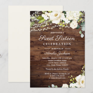 Rustieke Houten Witte Bloem Lichtjes Sweet 16 Kaart