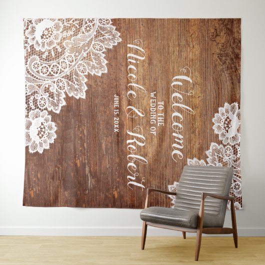 Rustieke Houten Witte Kant Bruiloft PhotoBooth Ach Wandkleed (In Situ (horizontaal))