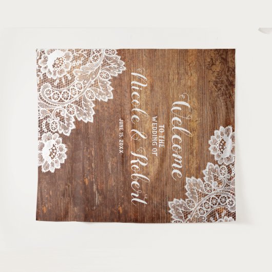 Rustieke Houten Witte Kant Bruiloft PhotoBooth Ach Wandkleed (Voorkant (horizontaal))