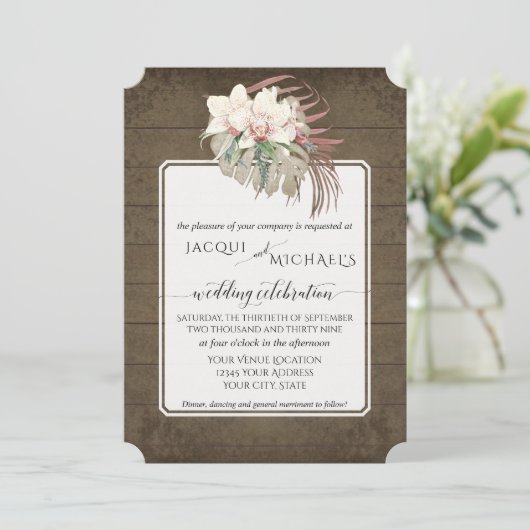 Rustieke houten witte orchidee bloemend tropisch g kaart (Staand voorkant)