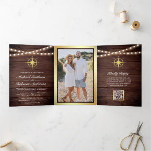 Rustieke Houten Zeevaart Gouden Kompas QR Code Bru Drieluik Uitnodiging