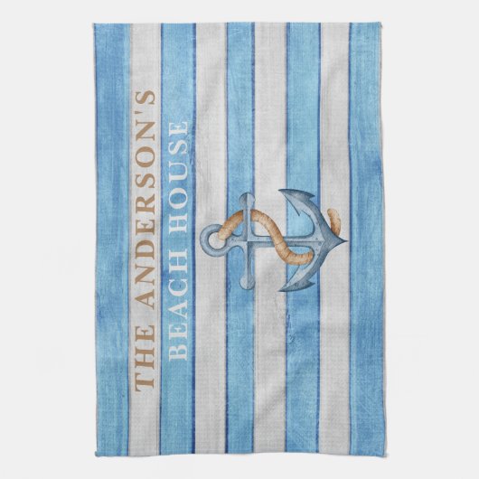 Rustieke Houten Zeilstrepen Gezinsstrandhuis Theedoek (Verticaal)