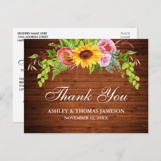 Rustieke Houten Zonnebloem Bloemstuk Trouw Dankjew Briefkaart (Voorkant / Achterkant)