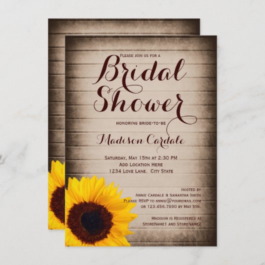 Rustieke Houten Zonnebloem Bruidsdouche Uitnodigin Kaart (Voorkant / Achterkant)