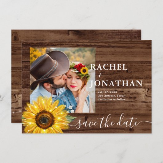 Rustieke Houten Zonnebloem Foto Bruiloft Save The  Save The Date (Voorkant / Achterkant)