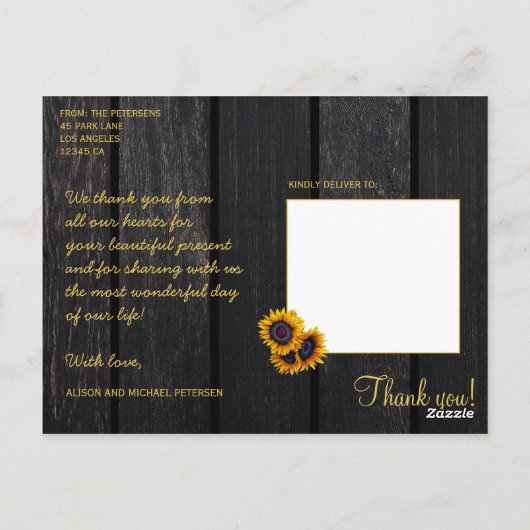 Rustieke houten zonnebloemen bruiloft dank u briefkaart (Achterkant)