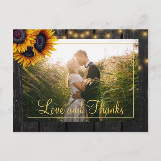 Rustieke houten zonnebloemen bruiloft dank u briefkaart (Voorkant)