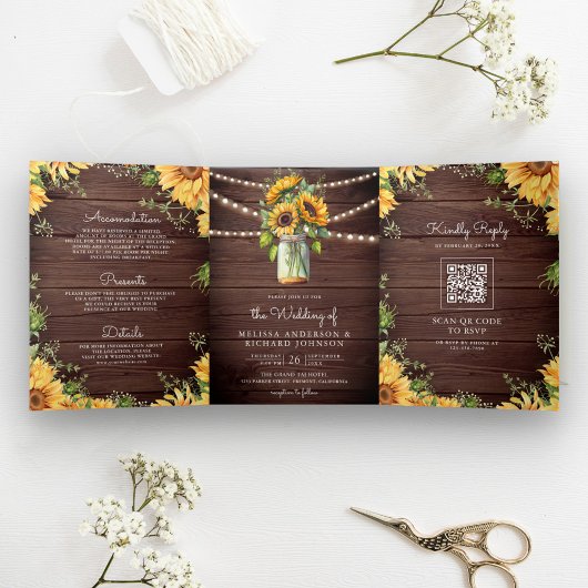 Rustieke Houten Zonnebloemen Metselaars Pot QR Cod Drieluik Uitnodiging