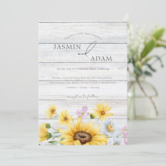 Rustieke Houten Zonnebloemen Monogram Bloemen Brui Kaart (Staand voorkant)