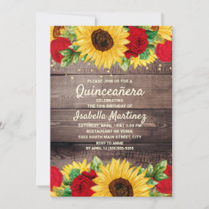 Rustieke Houten Zonnebloemen Rode Rozen Quinceañer Kaart