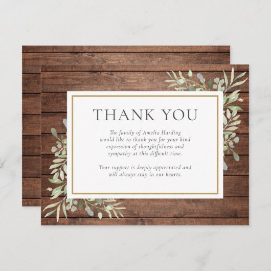 Rustieke houtgroen begrafenis viering van het leve bedankkaart (Voorkant / Achterkant)