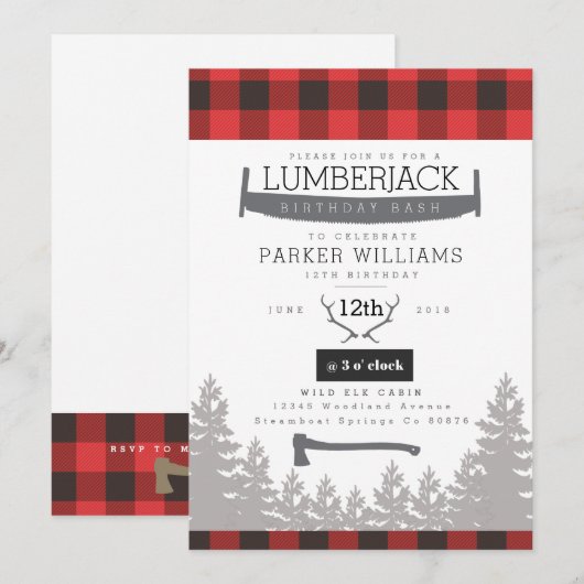 Rustieke houthakker Birthday Bash uitnodigen Kaart (Voorkant / Achterkant)