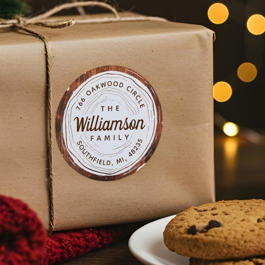  rustieke houtnerf boom slice familie adres ronde sticker