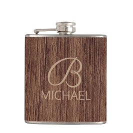 Rustieke houtnerf monogram cadeau voor hem heupfles
