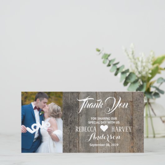 Rustieke houtnerf schuur bruiloft dank u bedankkaart (Staand voorkant)